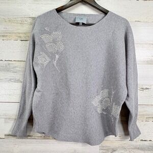 Liv Milano Womens Gray Pearl Rhinestone Floral Embellished Knit Sweater Large